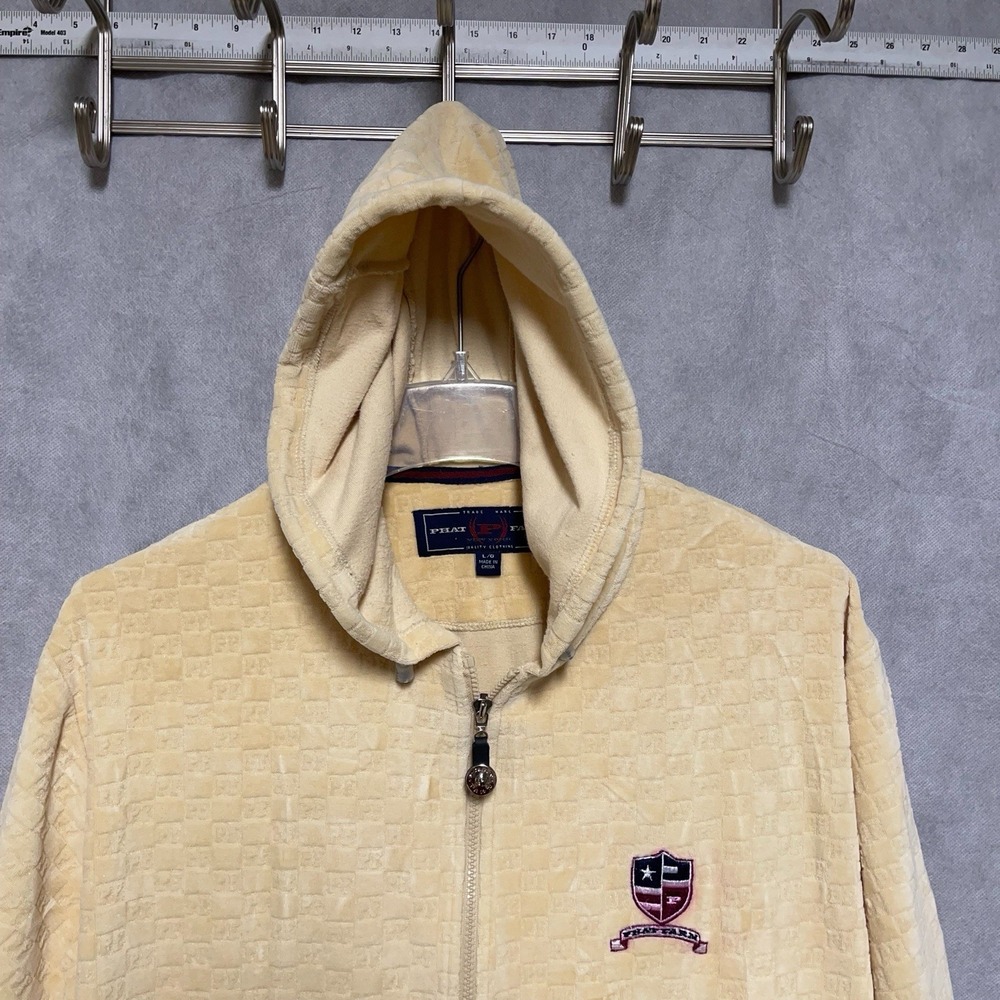 VTG Phat Farm Hoodie Men L Beige Velour Velvet AOP Logo Full Zip Jacket Hip Hop‎